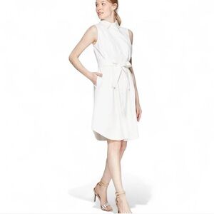 Who What Wear Denim Dress Sz L White 100% Cotton Pleated Button Up Belted Casual